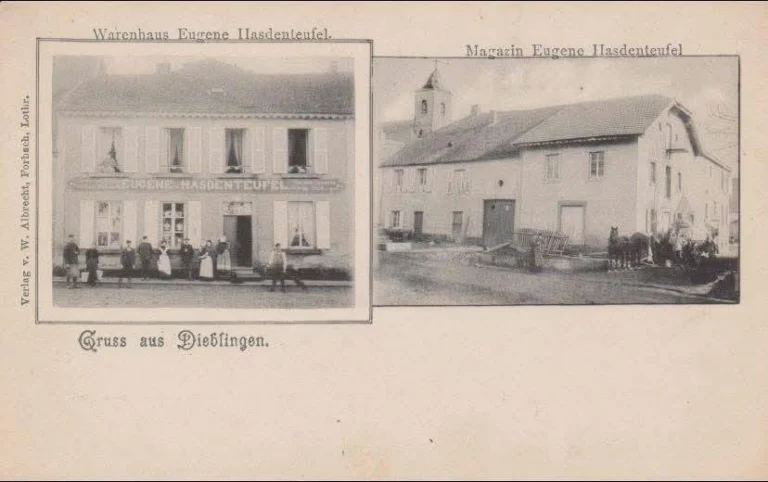 Carte postale du magasin Eugène Hasdenteufel à Diebling
