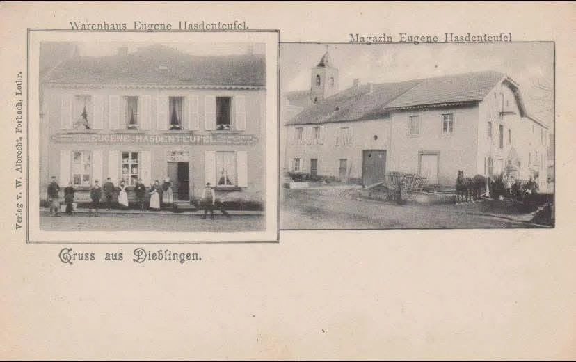 Carte postale du magasin Eugène Hasdenteufel à Diebling