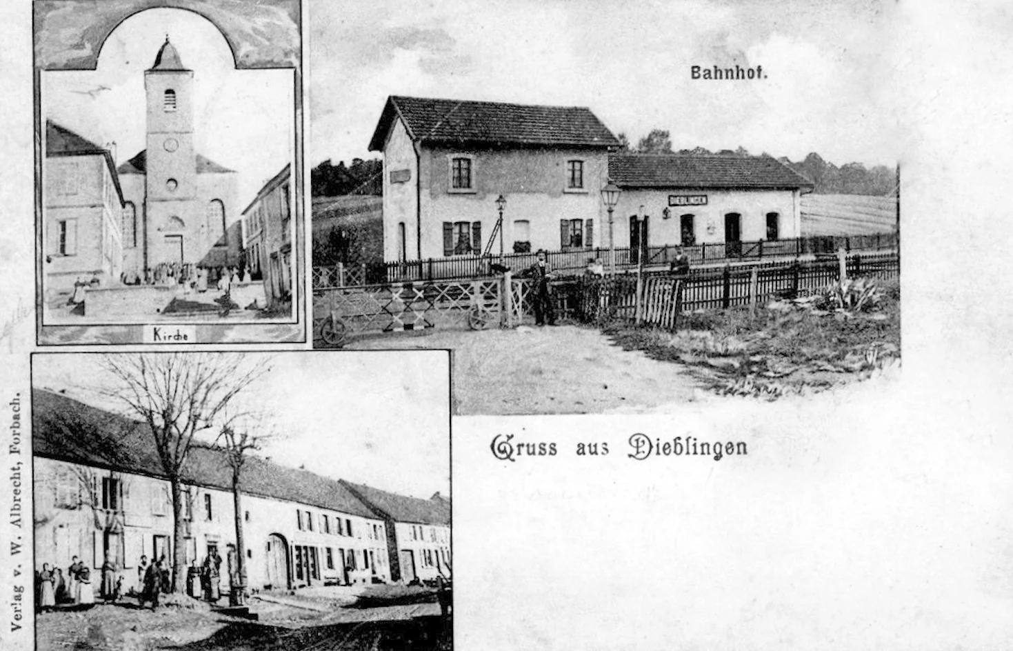 Diebling vers 1910 : l’église, la gare et le village