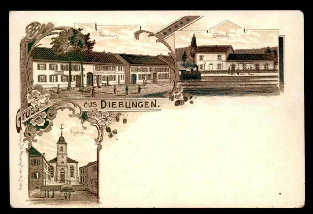 Carte postale de Diebling — village, gare et église