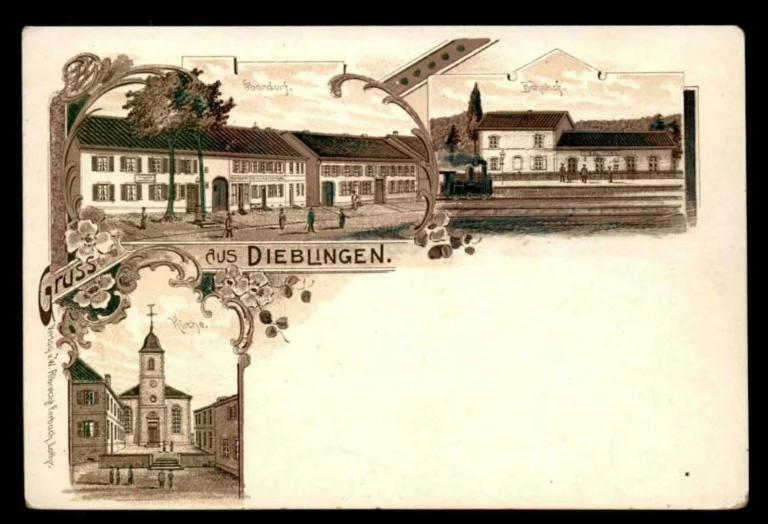 Carte postale de Diebling — village, gare et église