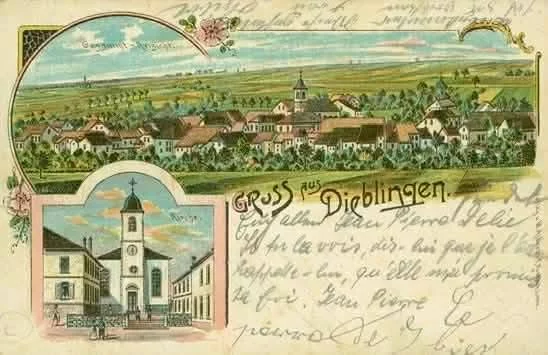 Carte postale illustrée de Diebling — panorama et église